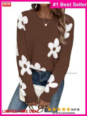 Womens Chunky Knit Floral Sweater Oversized Crew Neck Pullover